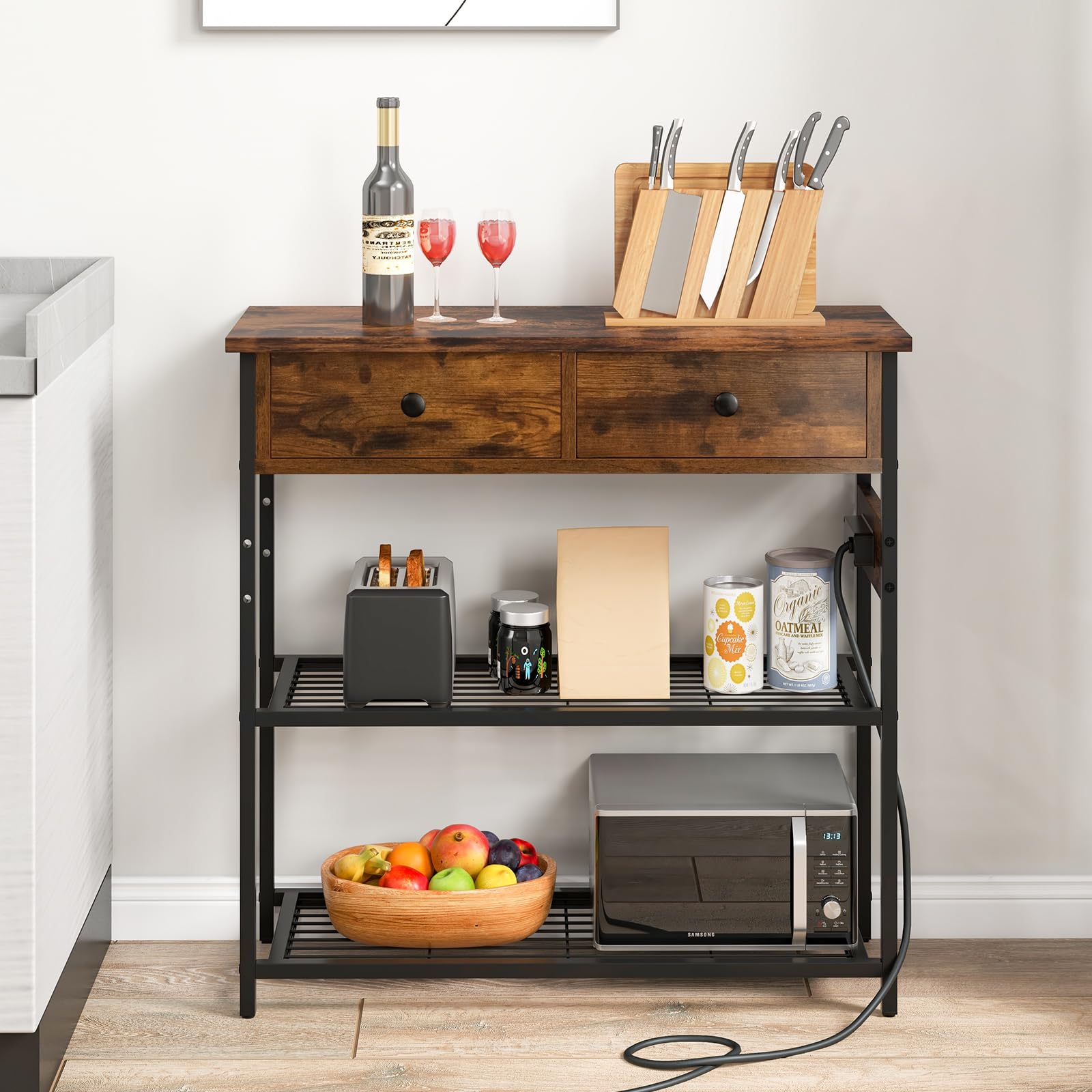 GIANTEX Mesa Consola de 3 Niveles con 2 Cajones y 2 Estantes de Metal, Mueble de Recibidor Estrecha con Estación de Carga, 81 x 30 x 81 cm, Mesa Auxiliar para Salón, Entrada (Marrón Rústico)