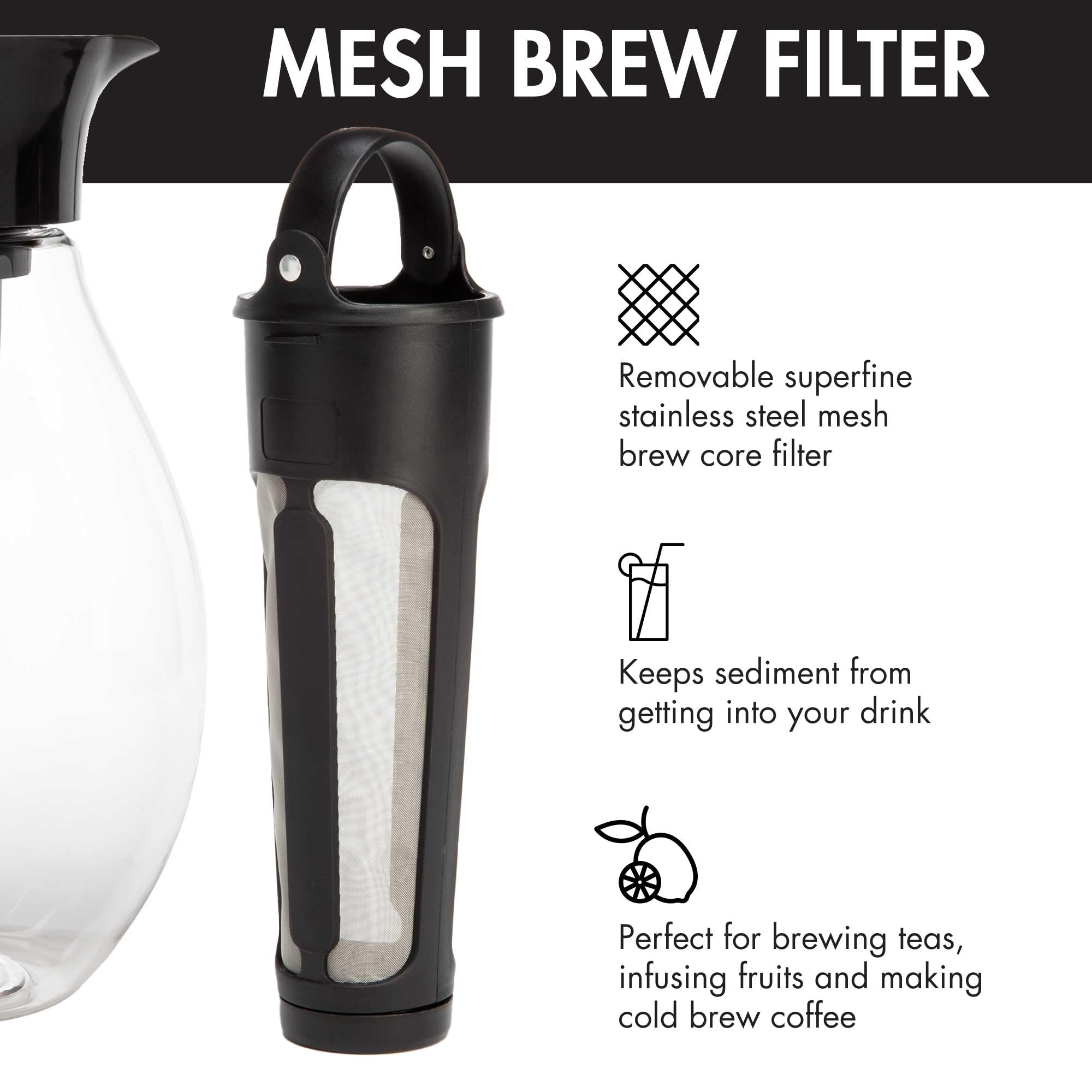 Primula The Big Théière glacée et infuseur en plastique avec couvercle hermétique, filtre réutilisable en maille fine, fabriqué sans BPA, passe au lave-vaisselle, noir