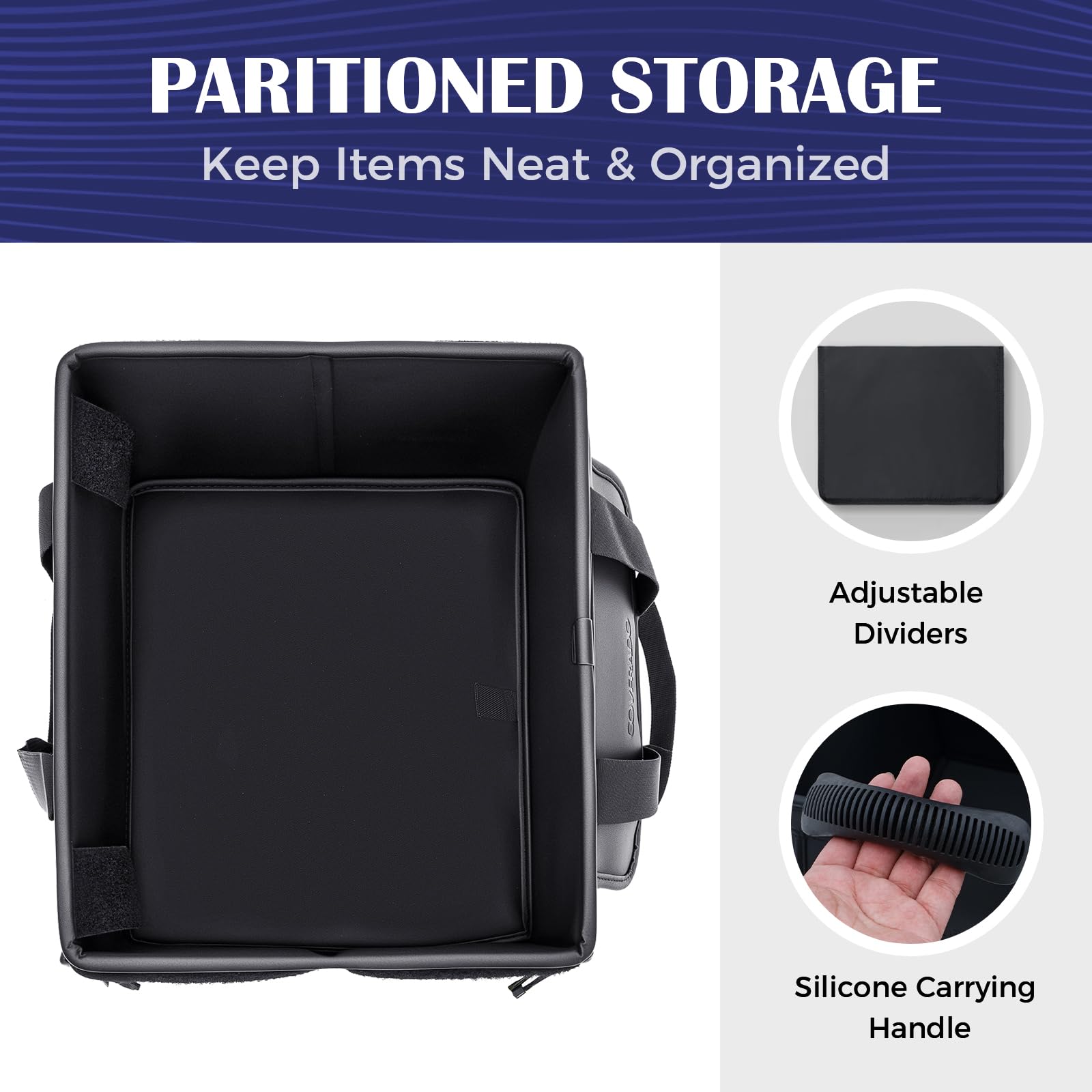 Coverado Borse per bagagliaio auto - Pelle Nappa Organizzatore auto 30L Auto Stoccaggio Scatola Portaoggetti per SUV/Camion, Pieghevoli & impermeabile, Multicompartimenti, Divisori & Fissare 2 cinghie