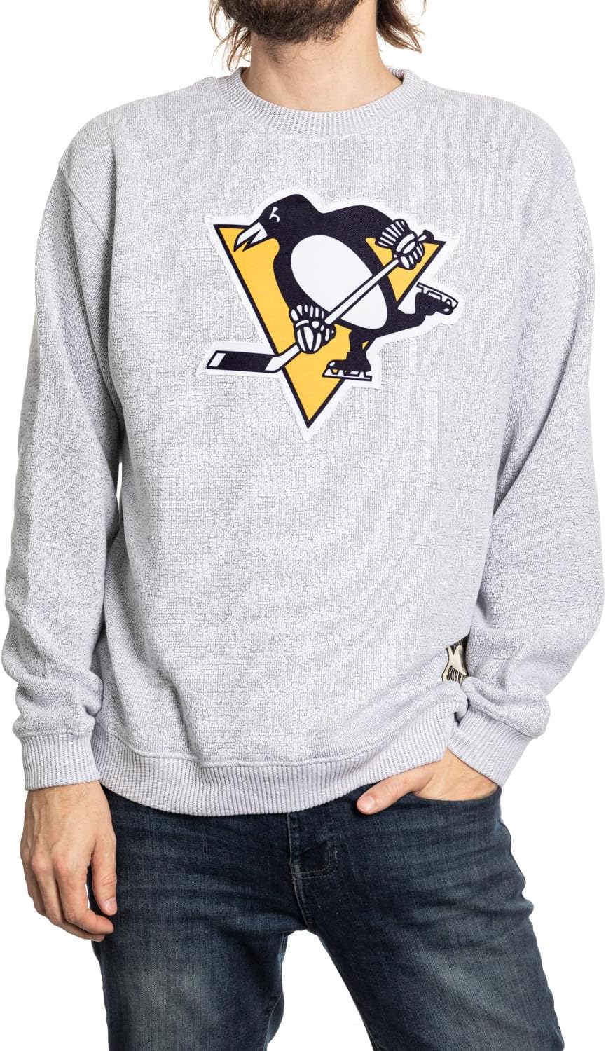 Calhoun NHL Surf & Skate Unisex Cabin Crew Neck Sweater with Premium Cotton Blend & Frayed Team Logo Crest