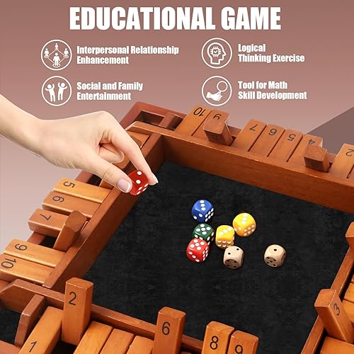 Miniatura 5 de Toidgy Juego de dados Shut The Box para 1 a 4 jugadores, mesa de madera con 12 dados e instrucciones, juego de mesa clásicos para adultos y niños,