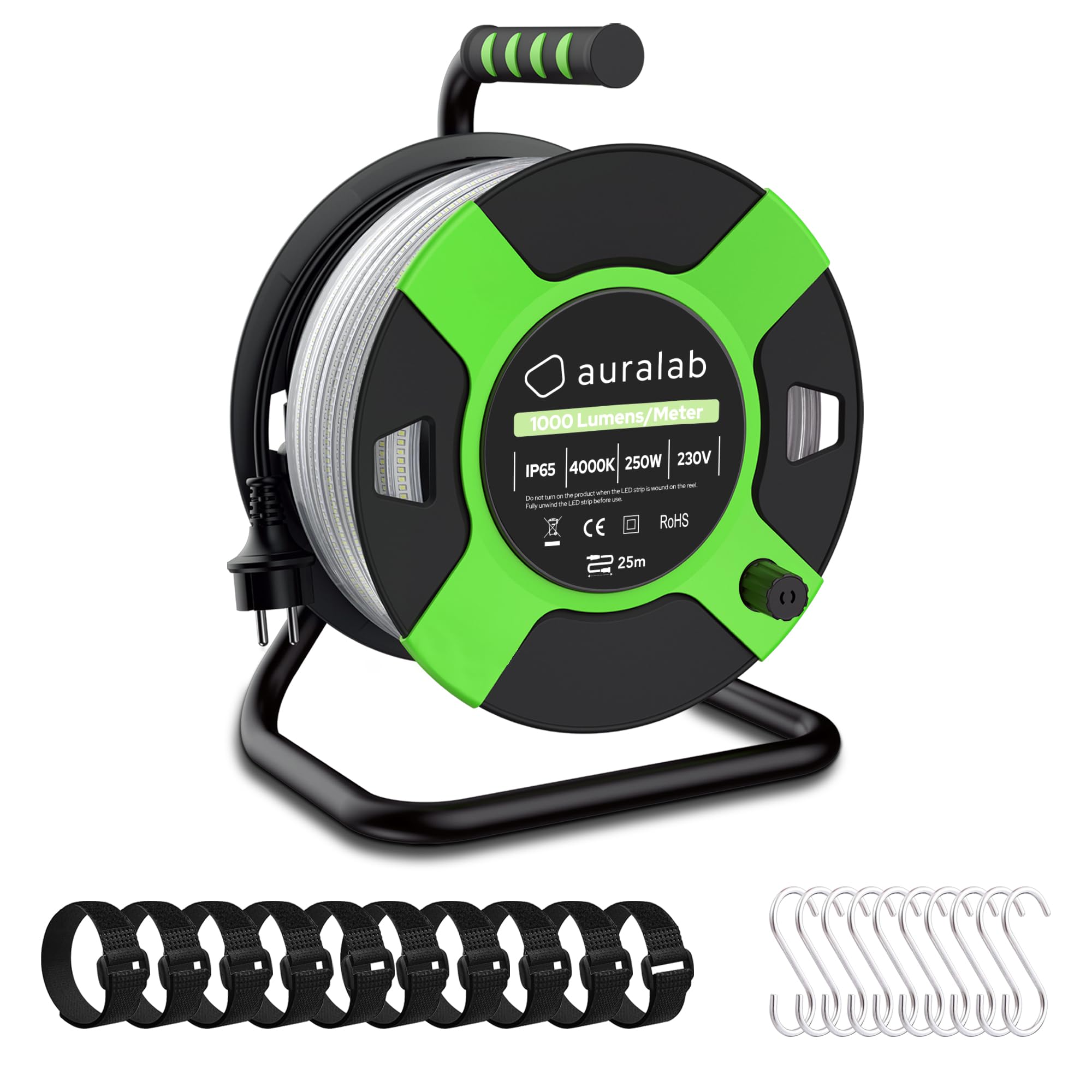 auralab AC LED Kabeltrommel 25m, 25.000 Lumen Superhell 4000K, IP65 Temporäre LED Streifen Baustellenbeleuchtung, Koppelbar bis zu 100m, LED Streifen mit Trommel mit 10 S-Haken & 10 Riemen