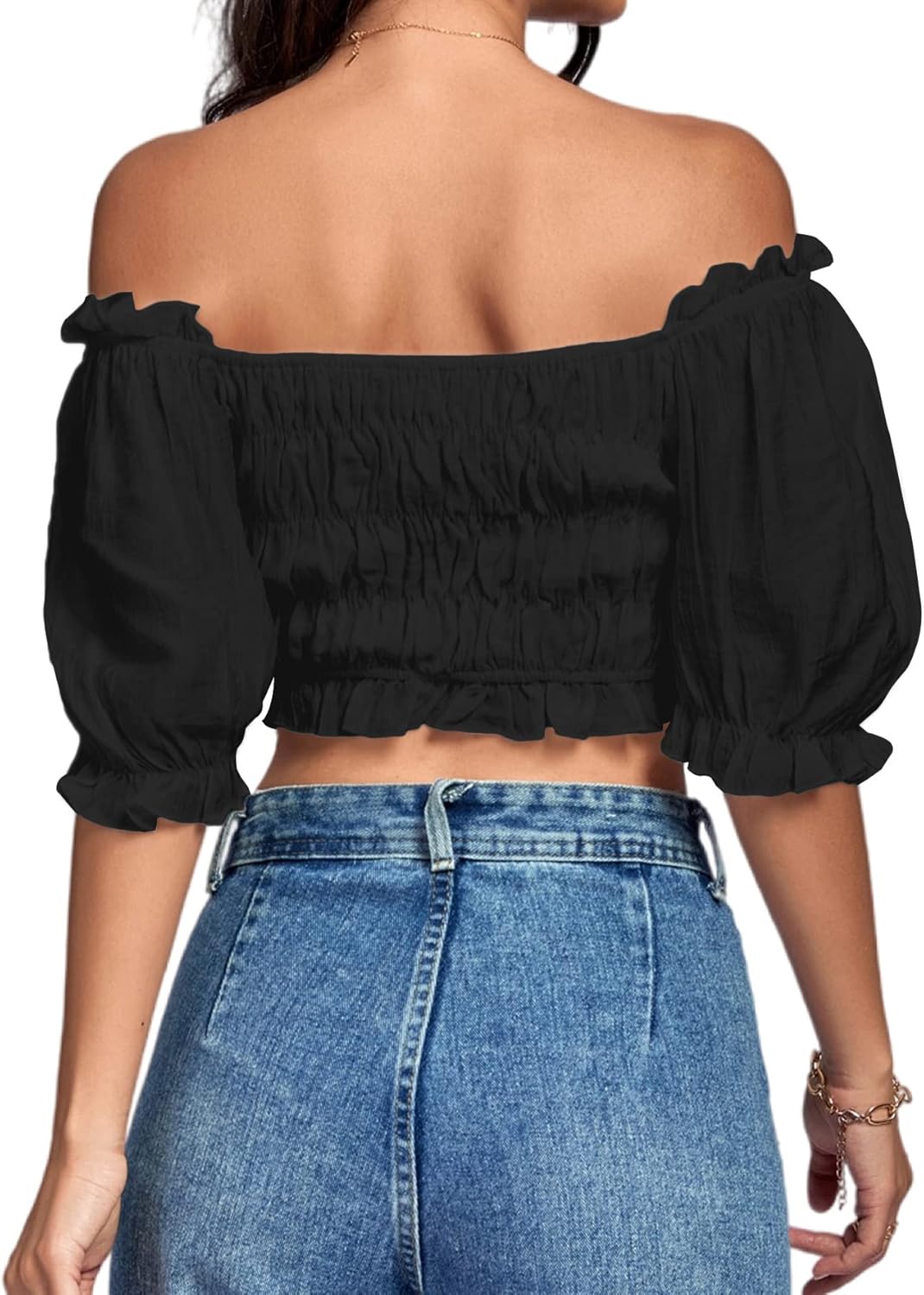 LYANER Women's Off The Shoulder Crop Tops Ruffle Trim Ruched Short Sleeve Peasant Blouse