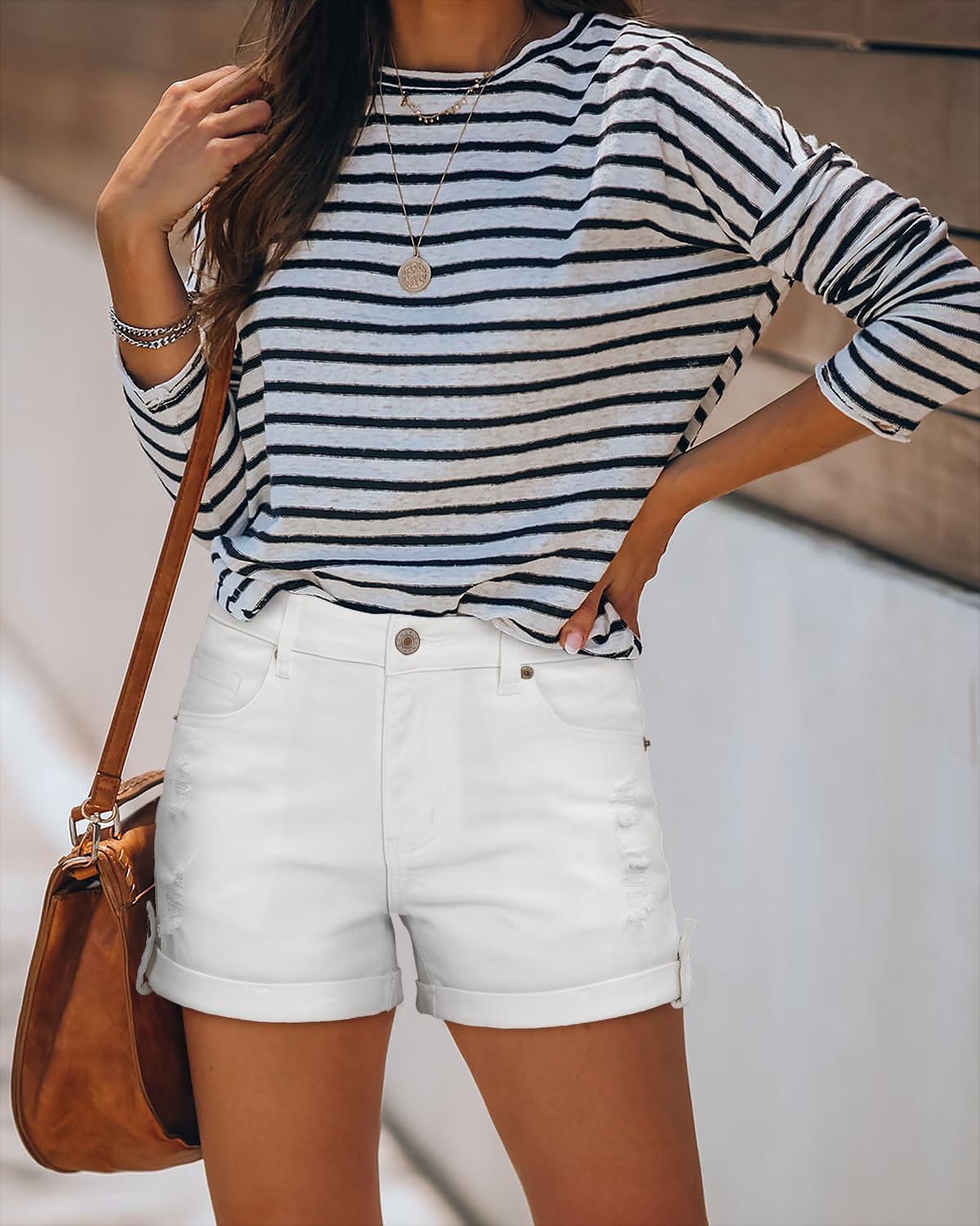 onlypuff Women Ripped Denim Shorts Distressed Mid Rise Stretchy Casual Jean Shorts - Image 4