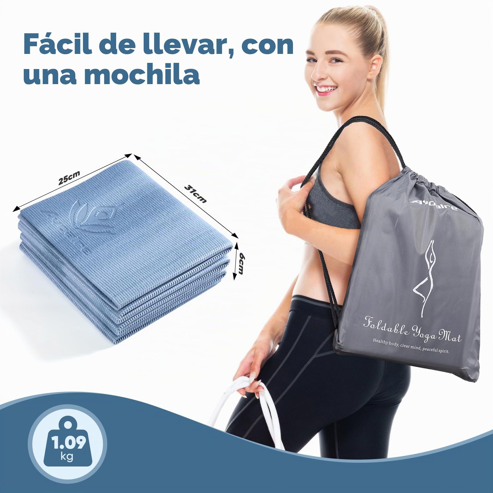 Avoalre Esterilla de yoga antideslizante, 173 x 61 cm, esterilla de entrenamiento portátil, 5 mm, esterilla de yoga plegable, ideal para viajes, yoga, pilates y entrenamiento