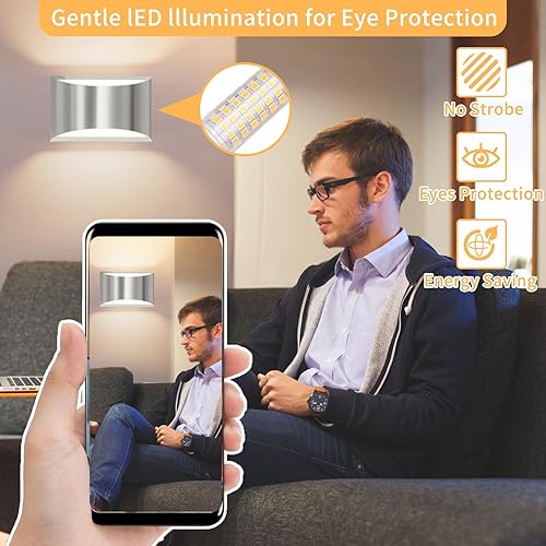 Miniatura 3 de FAISHILAN Paquete de 2 apliques de pared de aluminio dorado cepillado para interiores  Modernas luces LED de pared cableadas arriba y abajo,