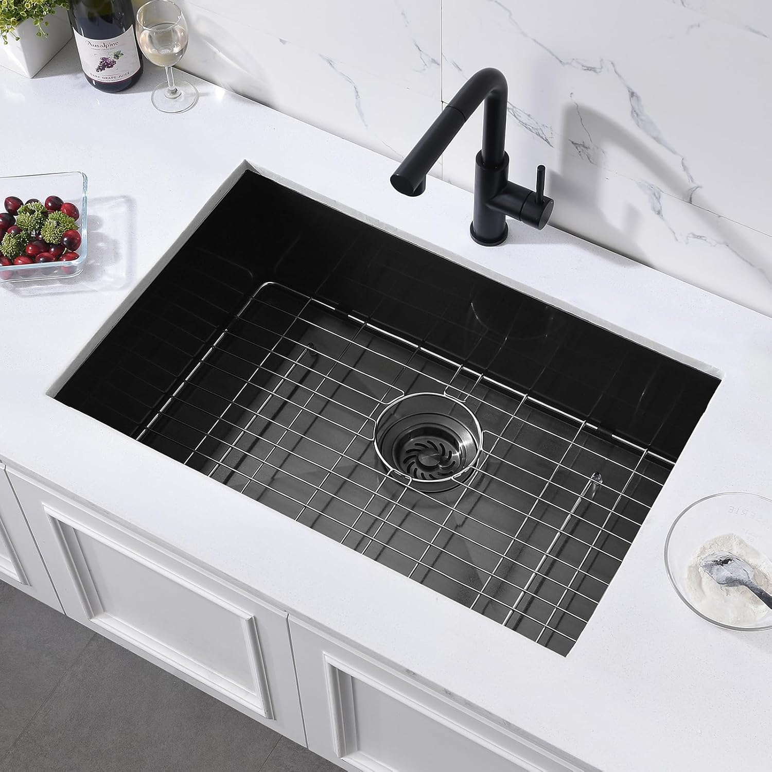 30 Black Undermount Kitchen Sink, ZDHHT 30 x 19 x 10 Inch Black Stainless Steel Kitchen Sink Under Mount Single Bowl 16 Gauge 10" Deep Handmade Sink with Accessories