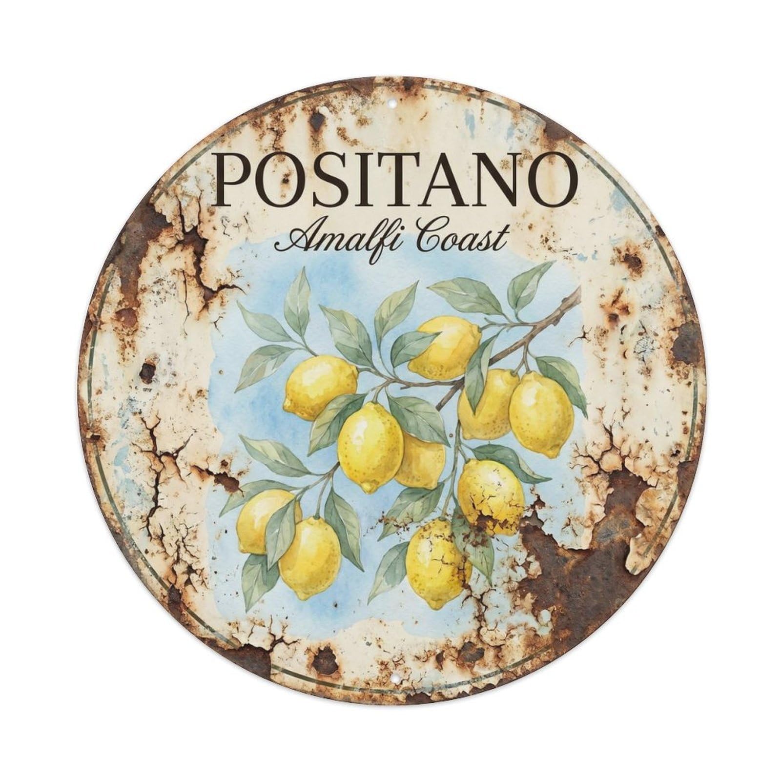 Coastal Italy Positano Seaside Village Amalfi Coast Metal Tin Sign Plaque Wall Decor for Cafe, Man Cave, Club Bar, Office, Home Garden Round Metal Poster 8x8Inch