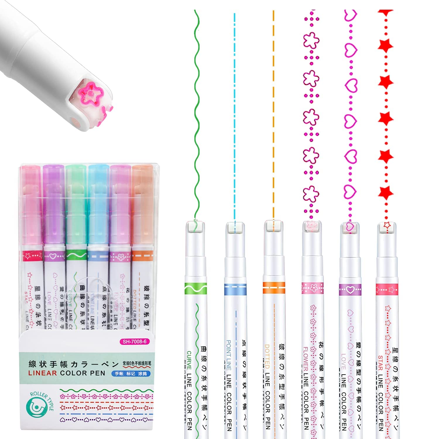 JCDZCurve Highlighter Pen Set, 6Pcs Flownwing Flair Pens with 6 Different Curve Shape Fine Tips, Colored Curve Pens Craft Pens for Scrapbook Journaling Supplies Planner Art Design Note Take