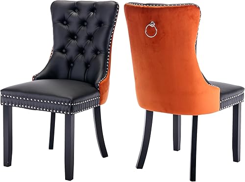 Miniatura 26 de Juego de 4 sillas de comedor de terciopelo, sillas de comedor tapizadas con ribete de cabeza de clavo, patas de madera, anillo de tracción, sillas