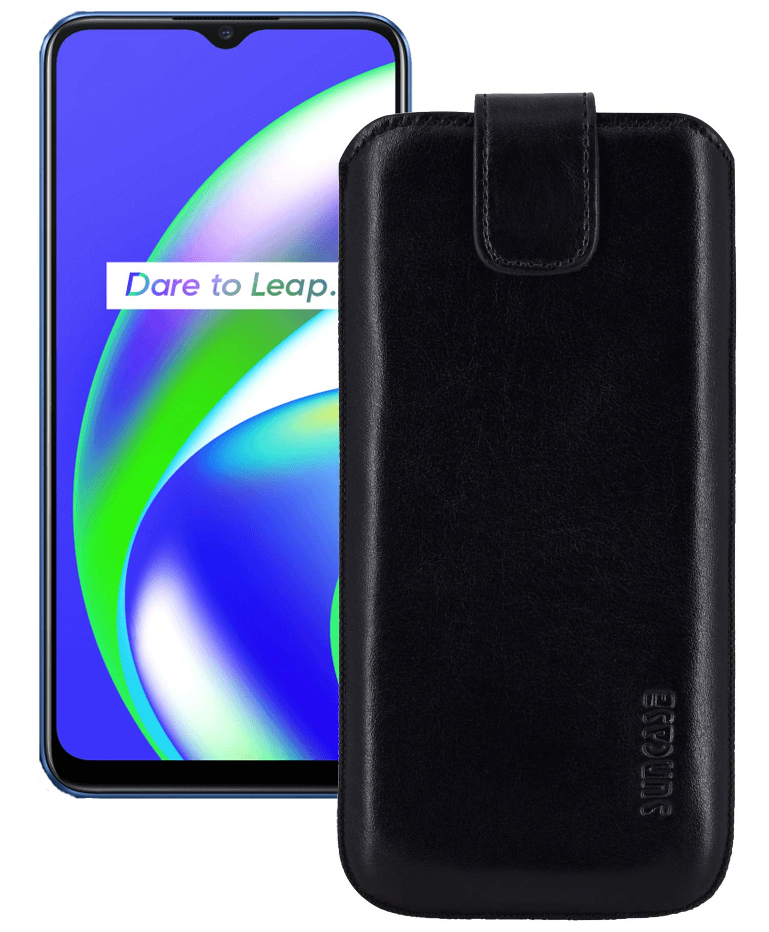 Genuine Leather Case Slim Edition Compatible with Umidigi A9 with Pull-Up Strap and Magnetic Closure Black