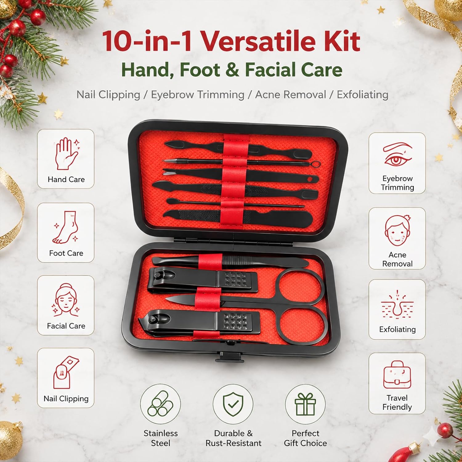 10-Pc Manicure Grooming Kit with Travel Case, Christmas Gift | 10-pc easy-grip nail clipper kit for sharp fingernail and toenail trimming, packed in a travel case