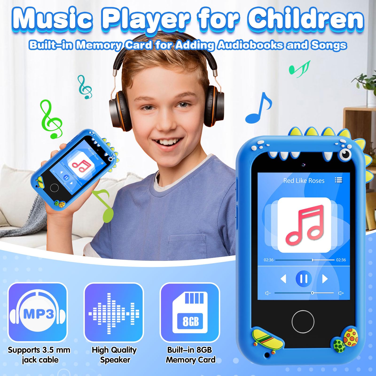 Regalos y juguetes para niños de 3 a 8 años de edad, teléfono de juguete con doble cámara, reproductor de música MP3, juegos, rastreador de hábitos, pantalla táctil, juguete de aprendizaje para niños 4