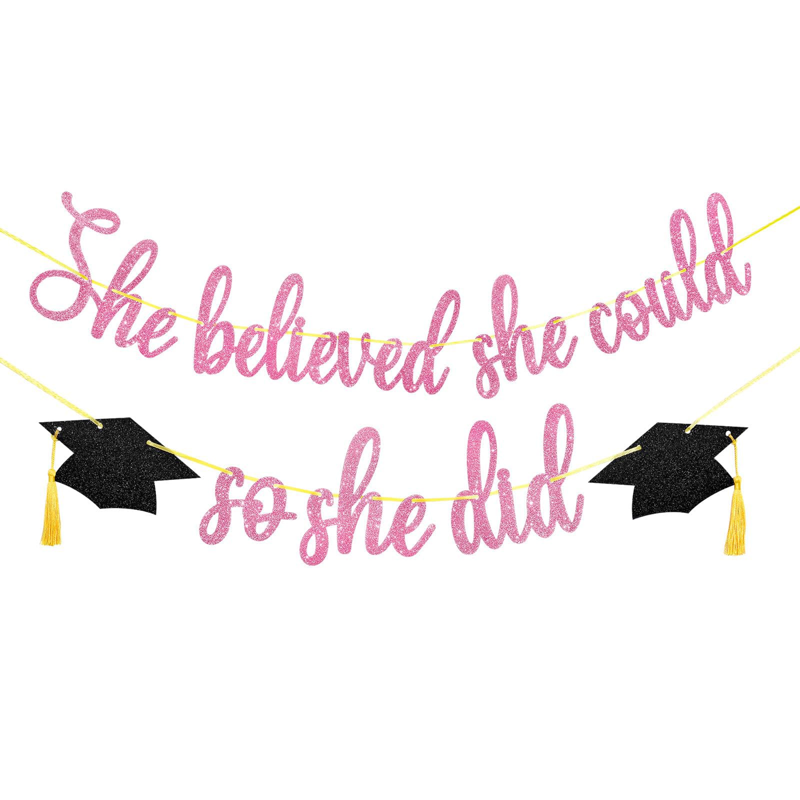 Graduation Decorations Banner for Class Of 2026 “She Believed She Could So She Did” Glitter Design With Graduation Caps Parties for Photo Backdrops, Parties, And Home Decorations