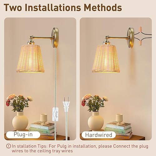 Miniatura 6 de Juego de dos apliques de pared de ratán, pantalla de mimbre tejida a mano, lámpara de pared para interiores, juego de apliques bohemios para