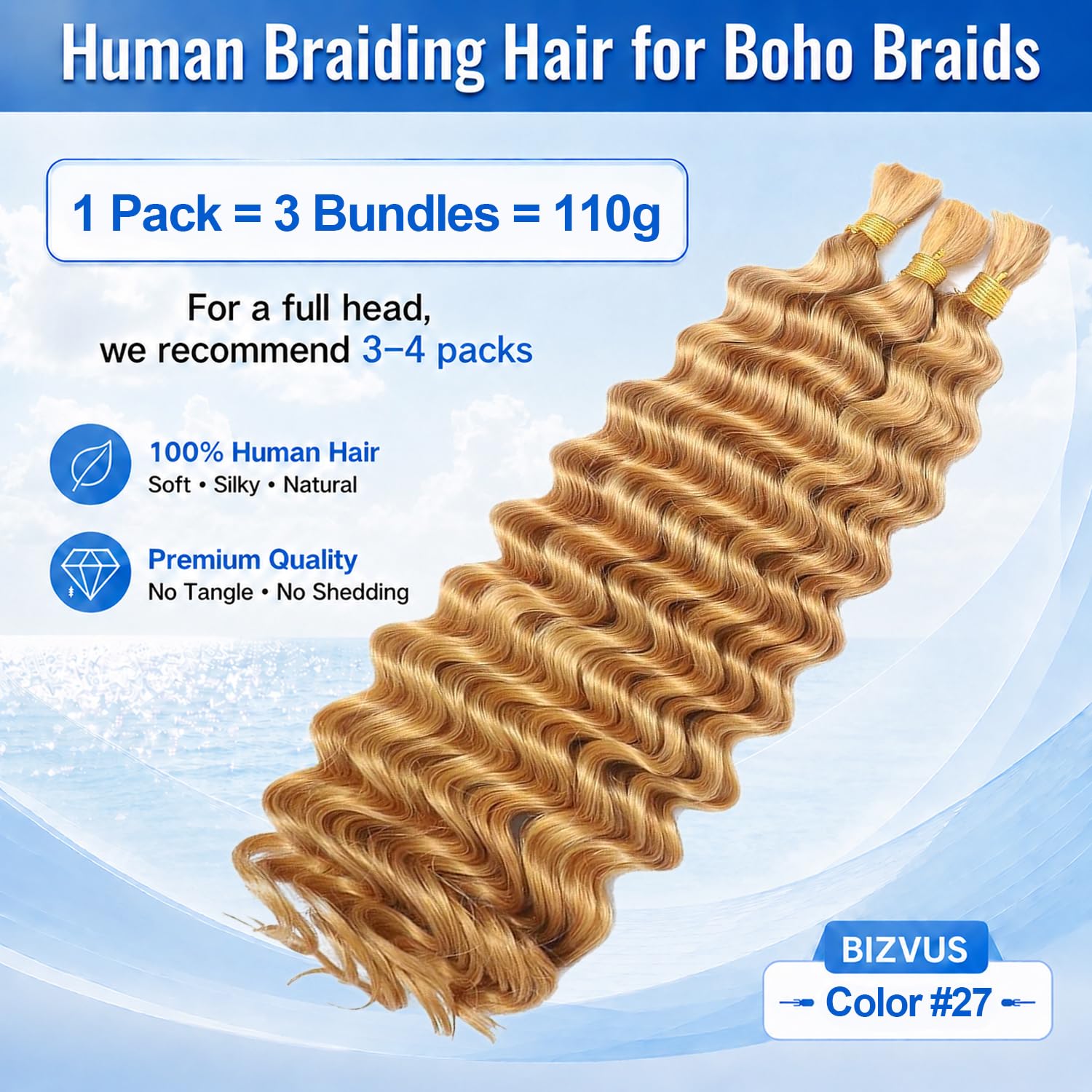 Human Braiding Hair for Boho Braids 110g Deep Wave Boho Bulk Human Hair for Braiding Knotless 12A Wet and Wavy Bulk Bohemian Curly 3 Bundles/Pack #27 Honey Blonde Color 20 inch