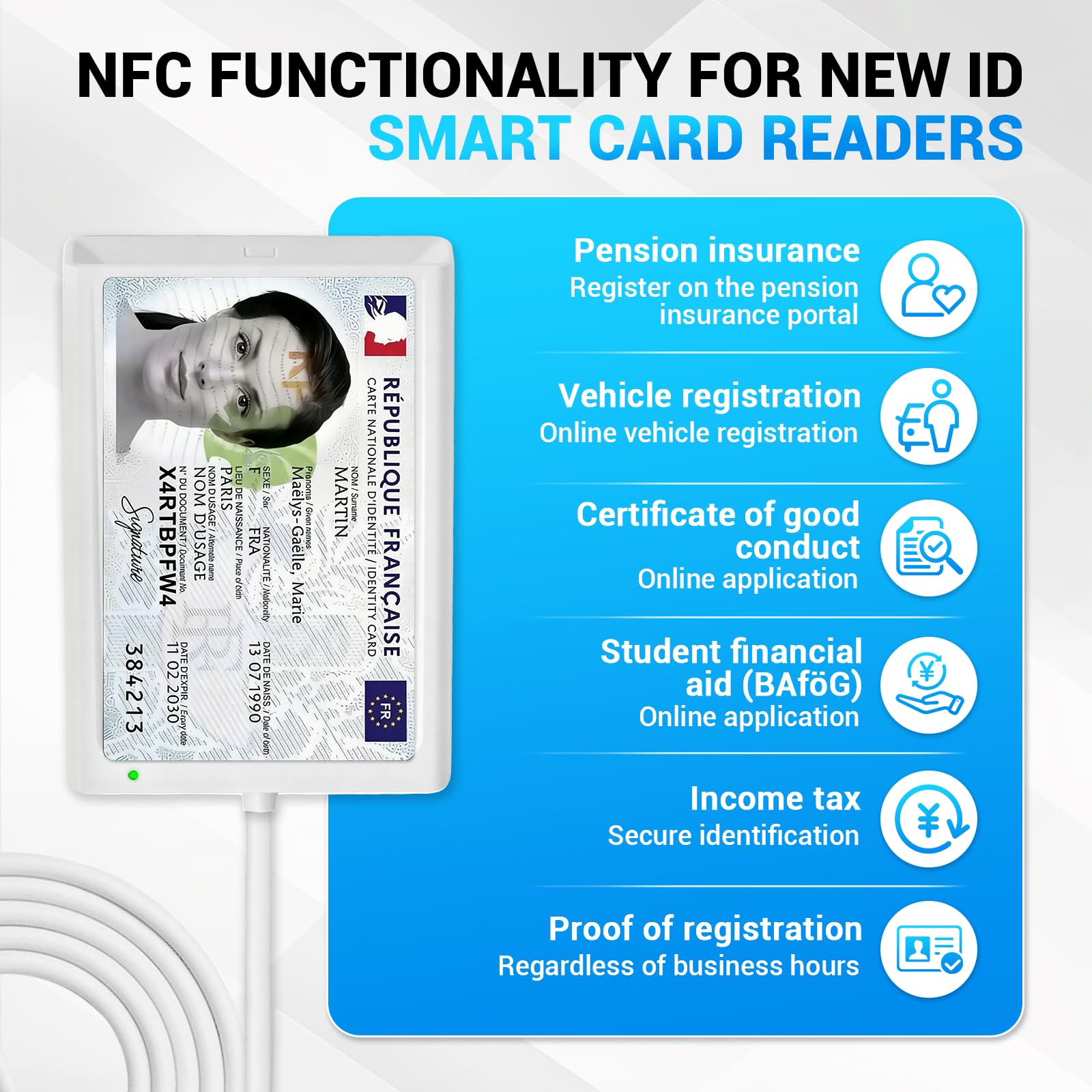 Lettore di Carte USB con NFC, CIE Lettore di Smart Card USB con NFC, Schede CAC e Schede Contactless, Supporto Identità Elettroniche eID, Tessere Sanitarie, Credito, SIM, Compatibile ID DNI DNIe nPA