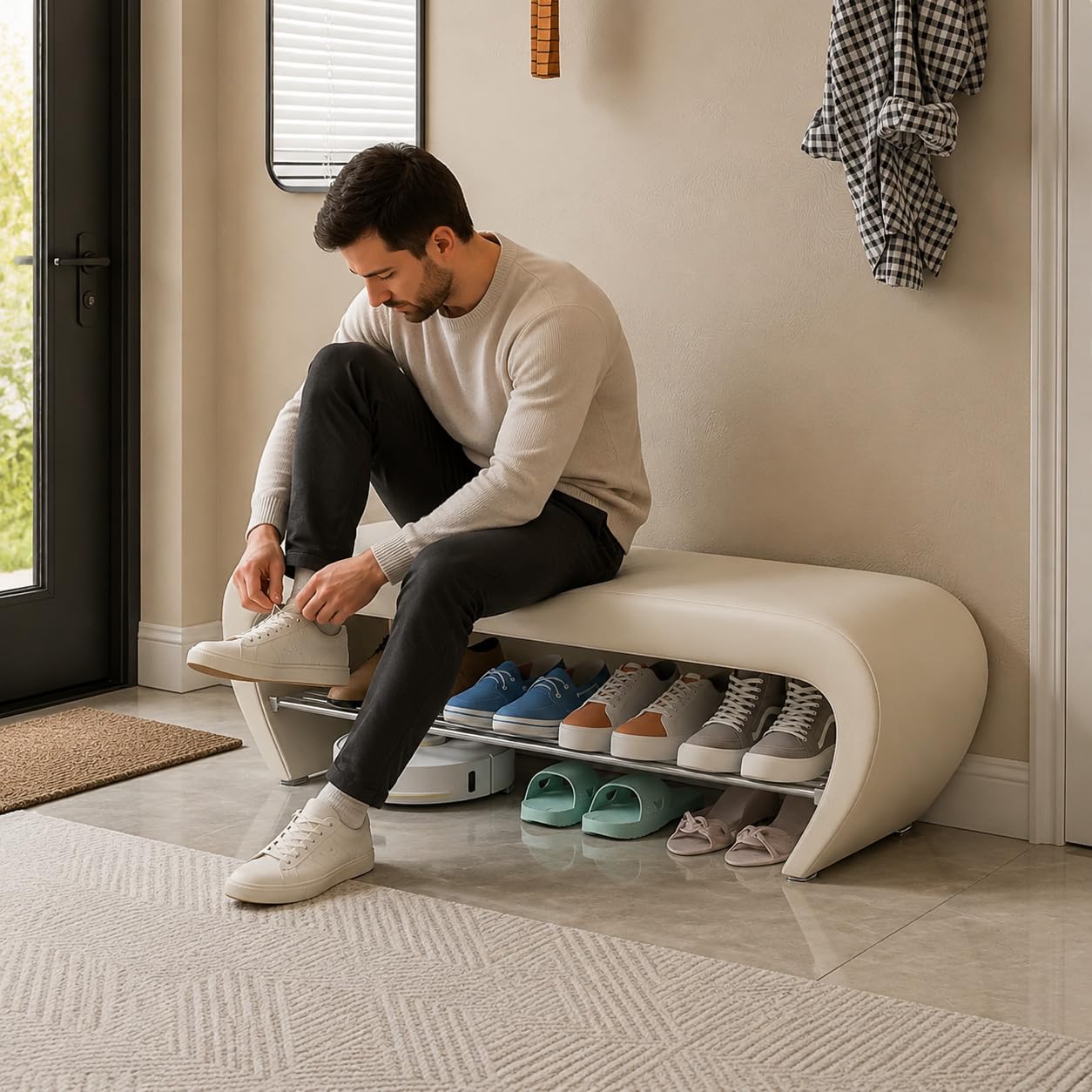 Storage Ottoman Bench with Cushion, Modern Simple Shoe Changing Stool