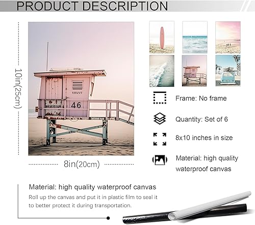 Miniatura 2 de Juego de 6 impresiones de playa en lienzo de arte de pared de verano con diseño de océano, decoración de pared para habitación de adolescentes y