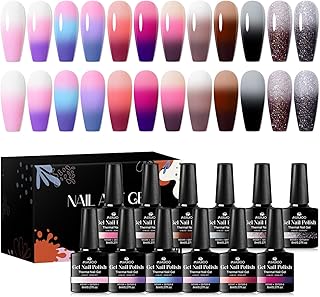 12Pcs Color Changing Gel Nail Polish Set Pink Purple Glitter Brown Mood Temperature Change Nail Polish Gel Set Soak Off Nail Art Gel DIY Salon Manicure Gift