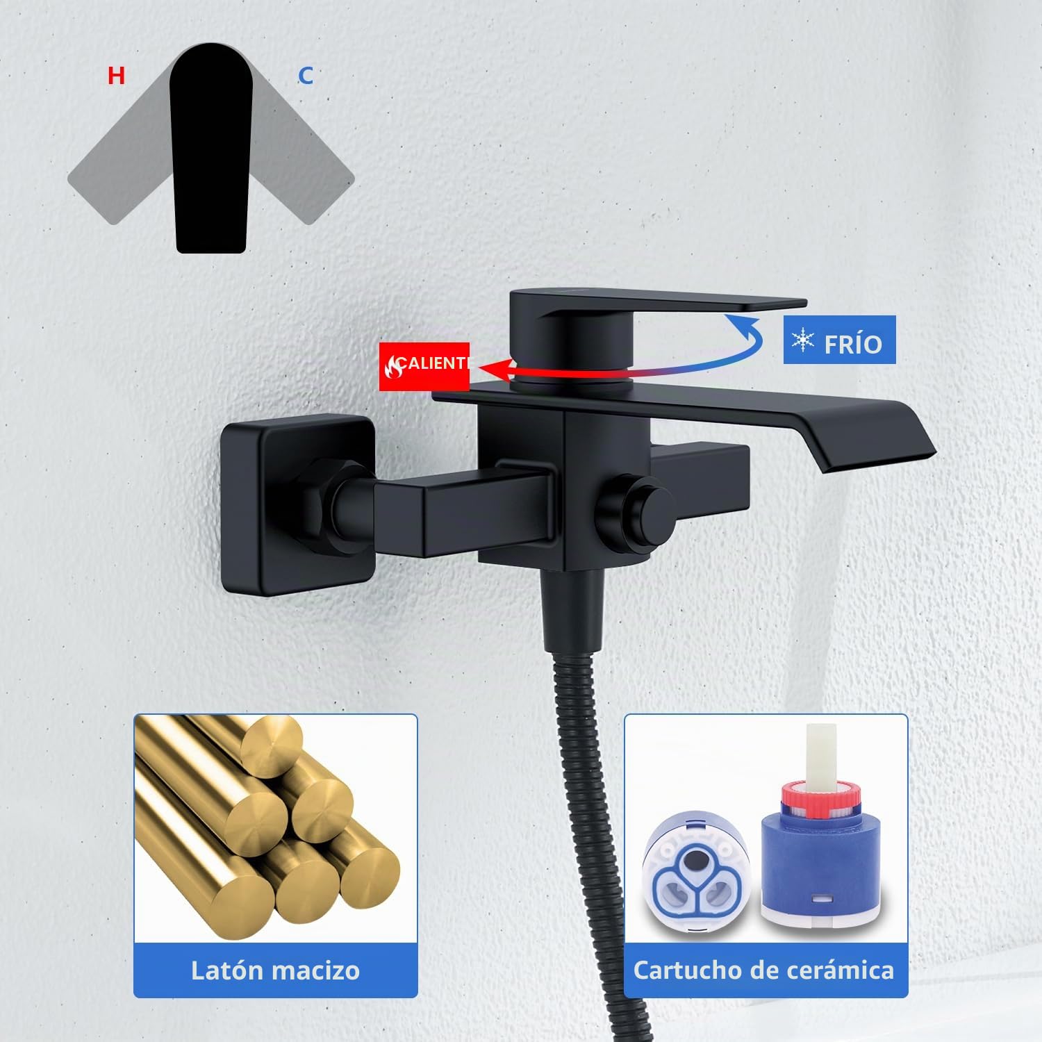 Grifo Bañera Negro en Cascada, Grifo Mural de Latón para Ducha y Baño, Mezclador Monomando para Bañera Universal 1/2" Salida Inferior, Fácil de Instalar
