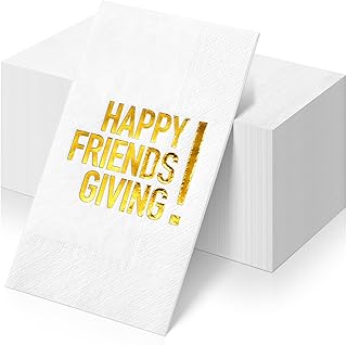 100pcs Friendsgiving Cocktail Napkins,Disposable Napkins with Happy Friends Giving Gold Foiled,Fall Dinner Guest Paper Hand Towels for Autumn Harvest Thanksgiving Party Decorations,7.9 * 4.3inch