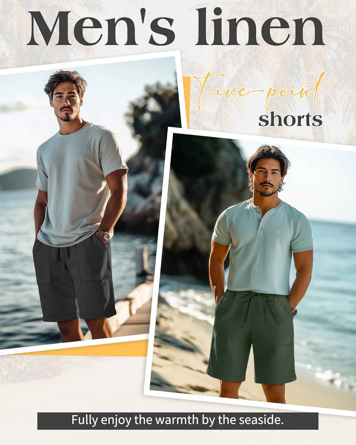 Neer 2 Pack Men's Cotton Linen Blend Bermuda Flat Front Shorts, 7" Casual Elastic Waist Drawstring Summer Shorts with Pockets - Image 4