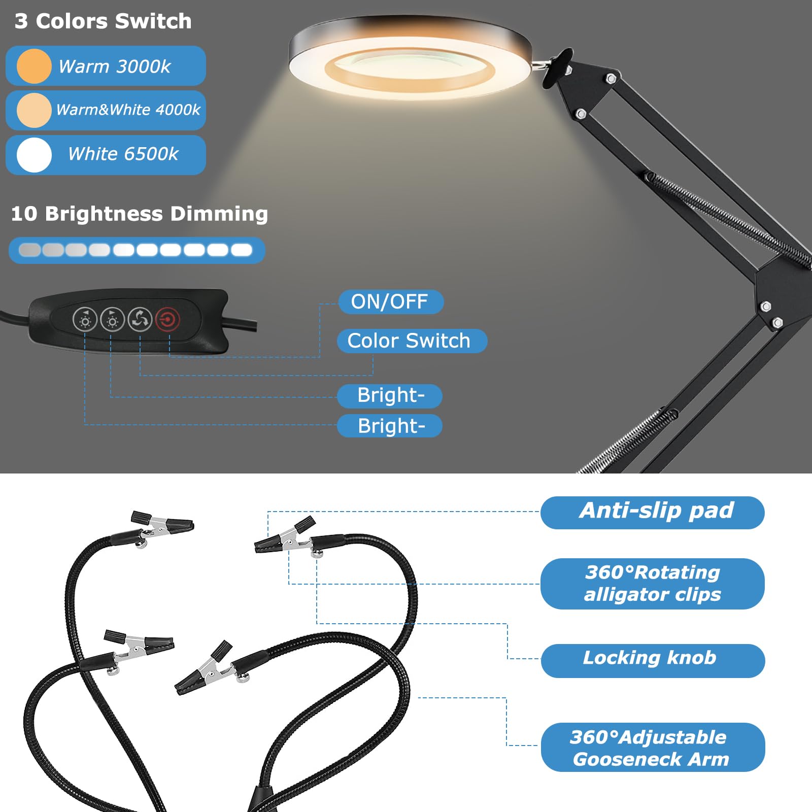 Mani magnetiche con lampada d'ingrandimento 10x, base robusta e grande, 4 bracci magnetici flessibili, 6 pilastri, lente d'ingrandimento illuminata per riparare circuiti stampati.