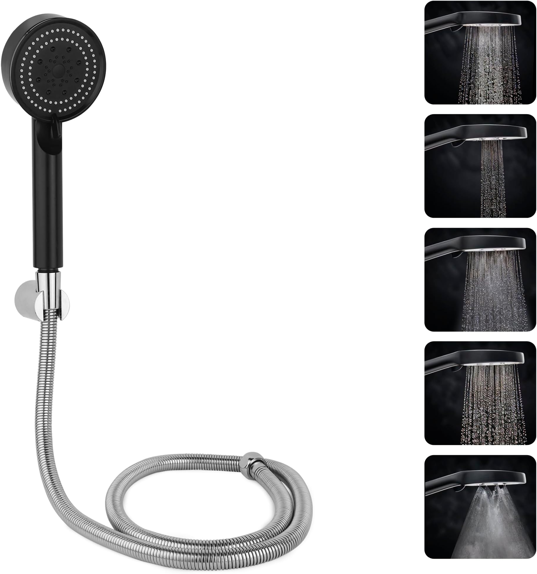 BATH GURU BGBHS001 ABS 9 Inch High Pressure Multi Function 5 Mode Spray Handheld Shower for Bathroom Black Round (With 1 Mtr Chrome Plated Shower Tube Hose Pipe)