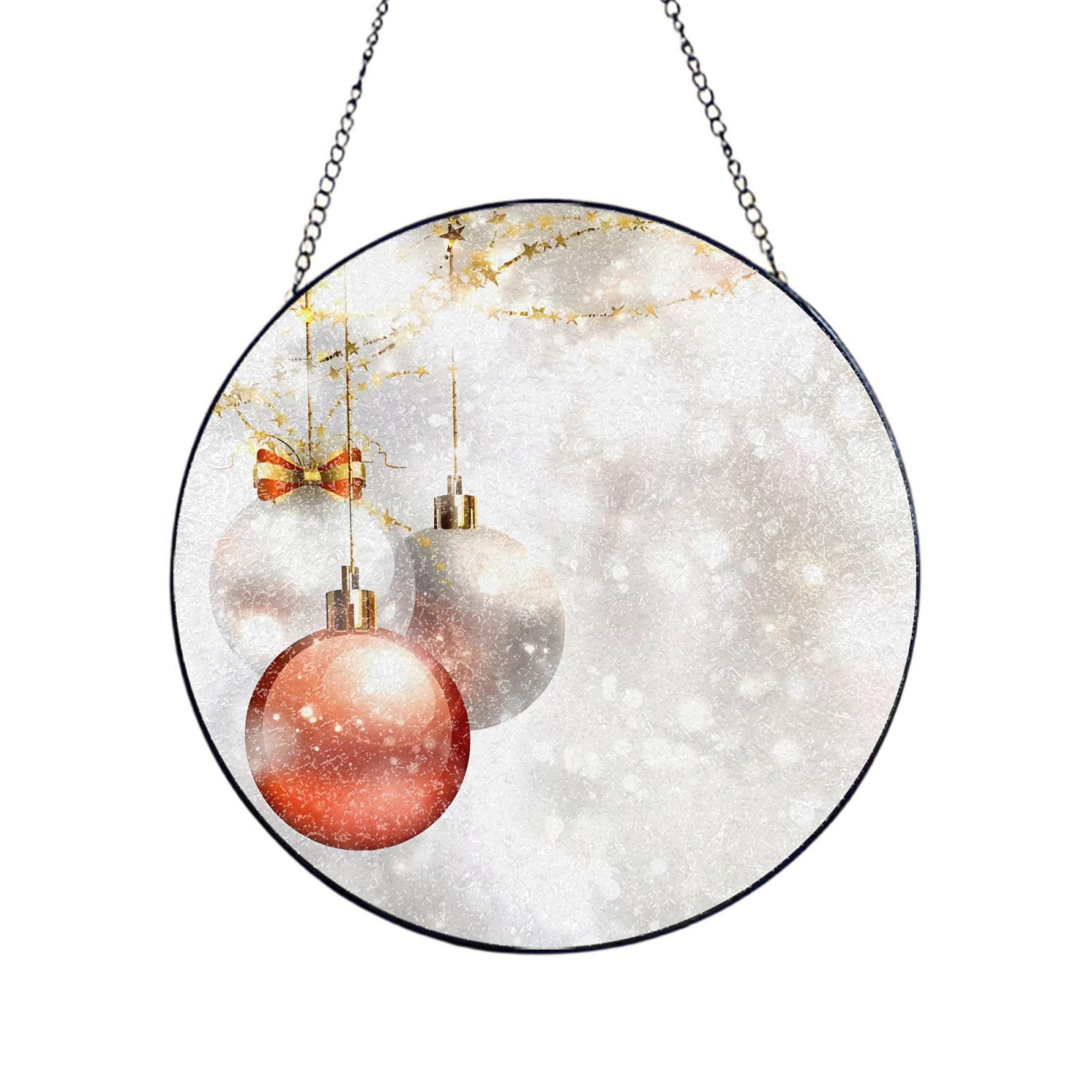 Phayah Xmas Balls Print Stained Glass Window Hanging Suncatcher For Door Terrace Garden Home Decor Sun Catcher Birthday Gifts For Lovers Dad Mom 4in（10cm）