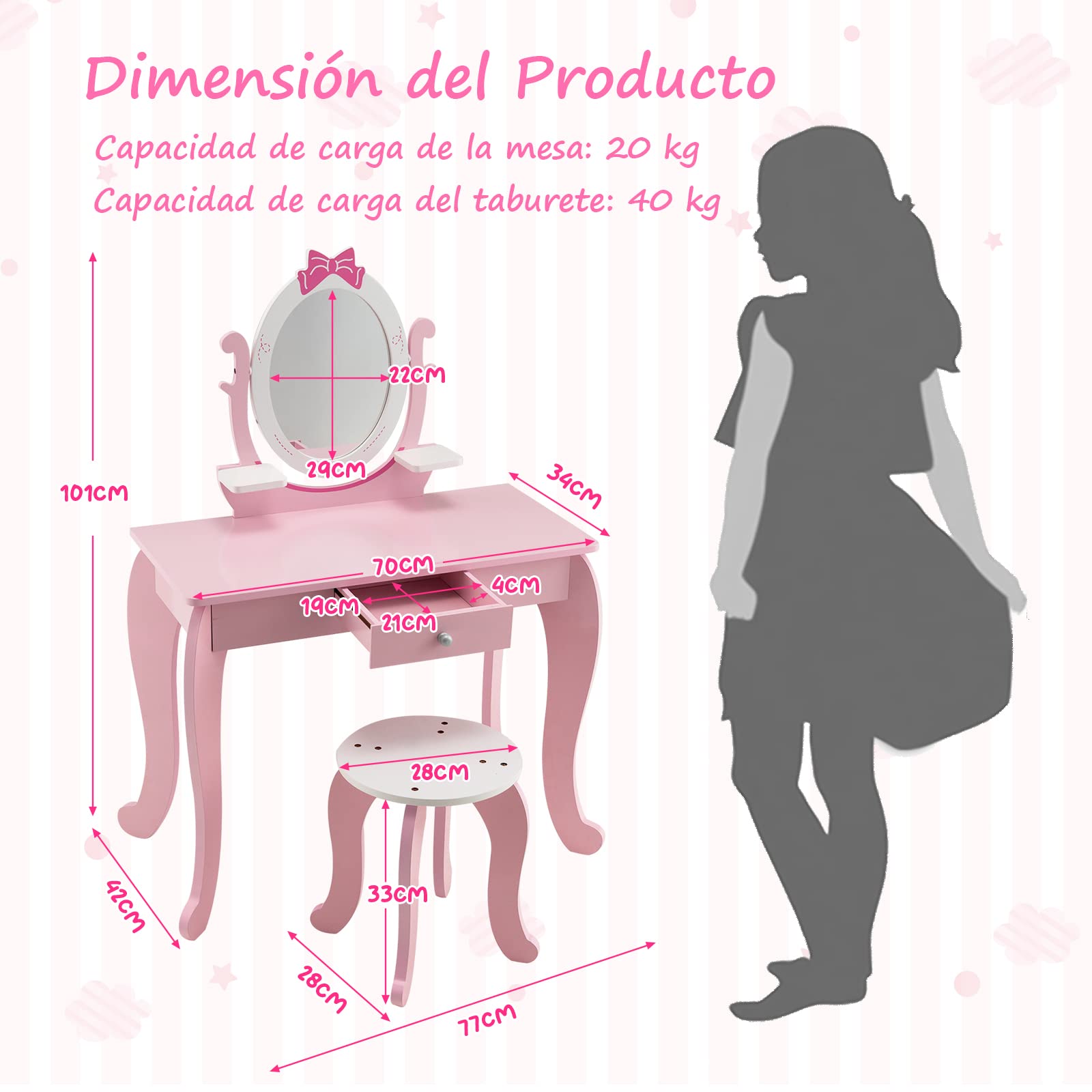 COSTWAY Juego de Tocador de Maquillaje para Niñas, Mesa de Maquillaje con Taburete de Madera 2 en 1, Espejo Ovalado, Cajón, Set de Mesa y Silla de Maquillaje para Niñas de 3 a 7 Años