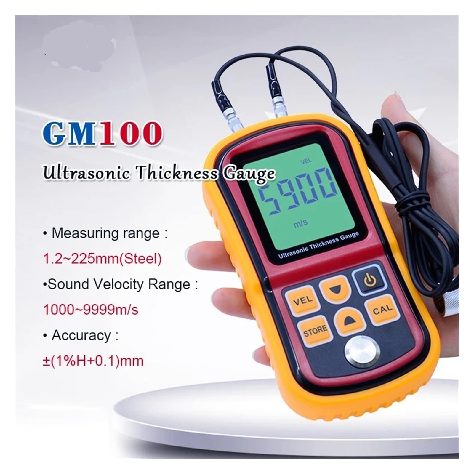 Miernik grubości lakieru, GM100 Ultradźwiękowy Miernik Grubości Metalu 1.2-225mm (Stal) Cyfrowy Wyświetlacz LCD Prędkości Dźwięku Rozdzielczość 0.1mm Przenośny miernik głębokości lakieru