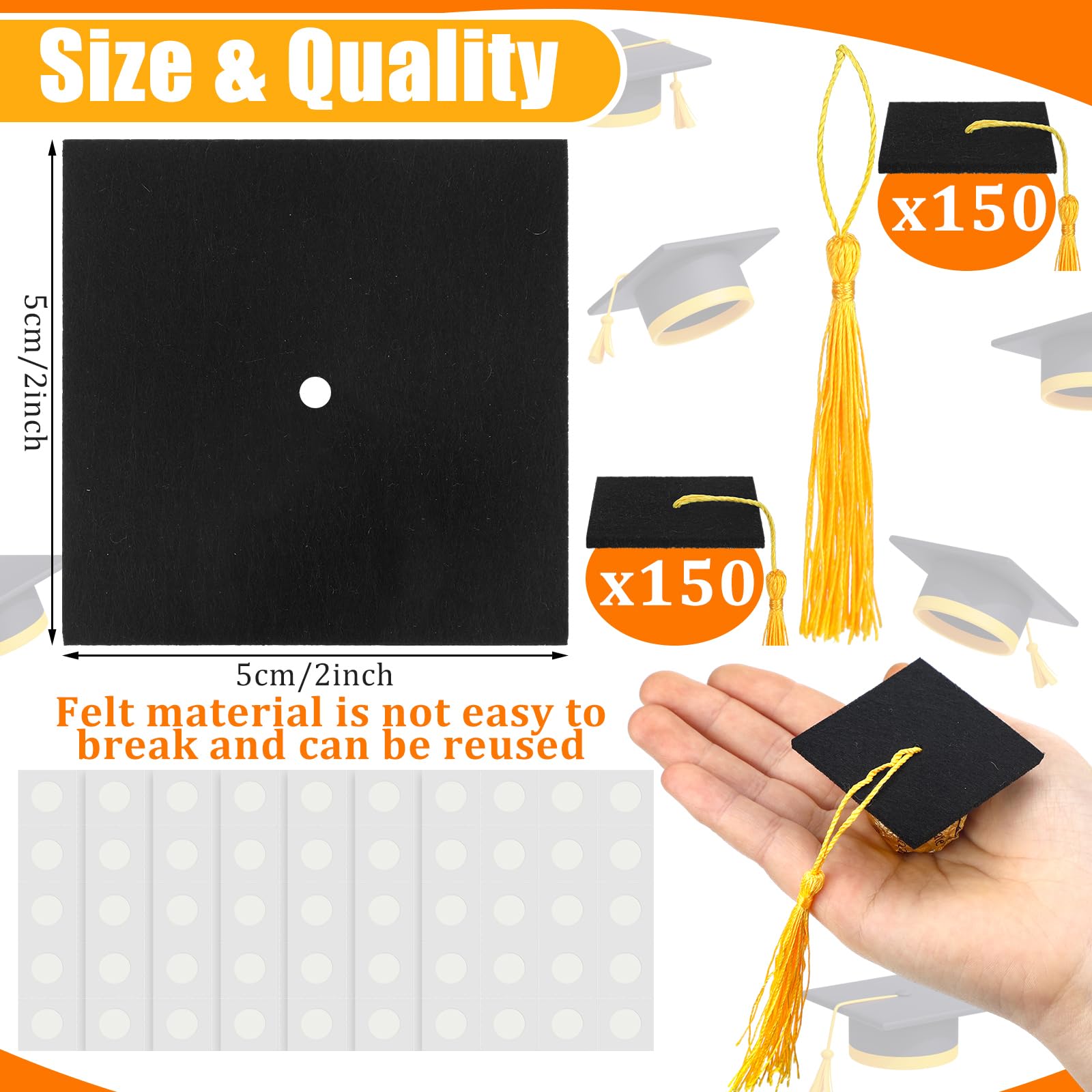 Lyrow 150 Pcs Graduation Cap Chocolate Decorations 2025 Graduation Cap Cupcake Topper Decoration with Tassel and Adhesive Dot for Class of 2025 Congrats Grad