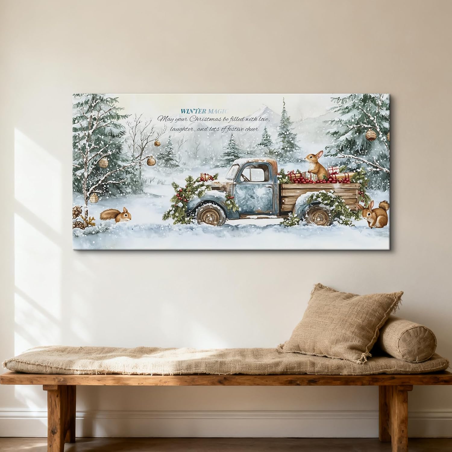 Craftline Vintage Christmas Truck Canvas Wall Art Rustic Blue Pickup Vehicle with Squirrels Rabbit Gifts Pictures Winter Snowy Pine Trees Landscape Poster Prints Holiday Artwork For Living Room 32x16”
