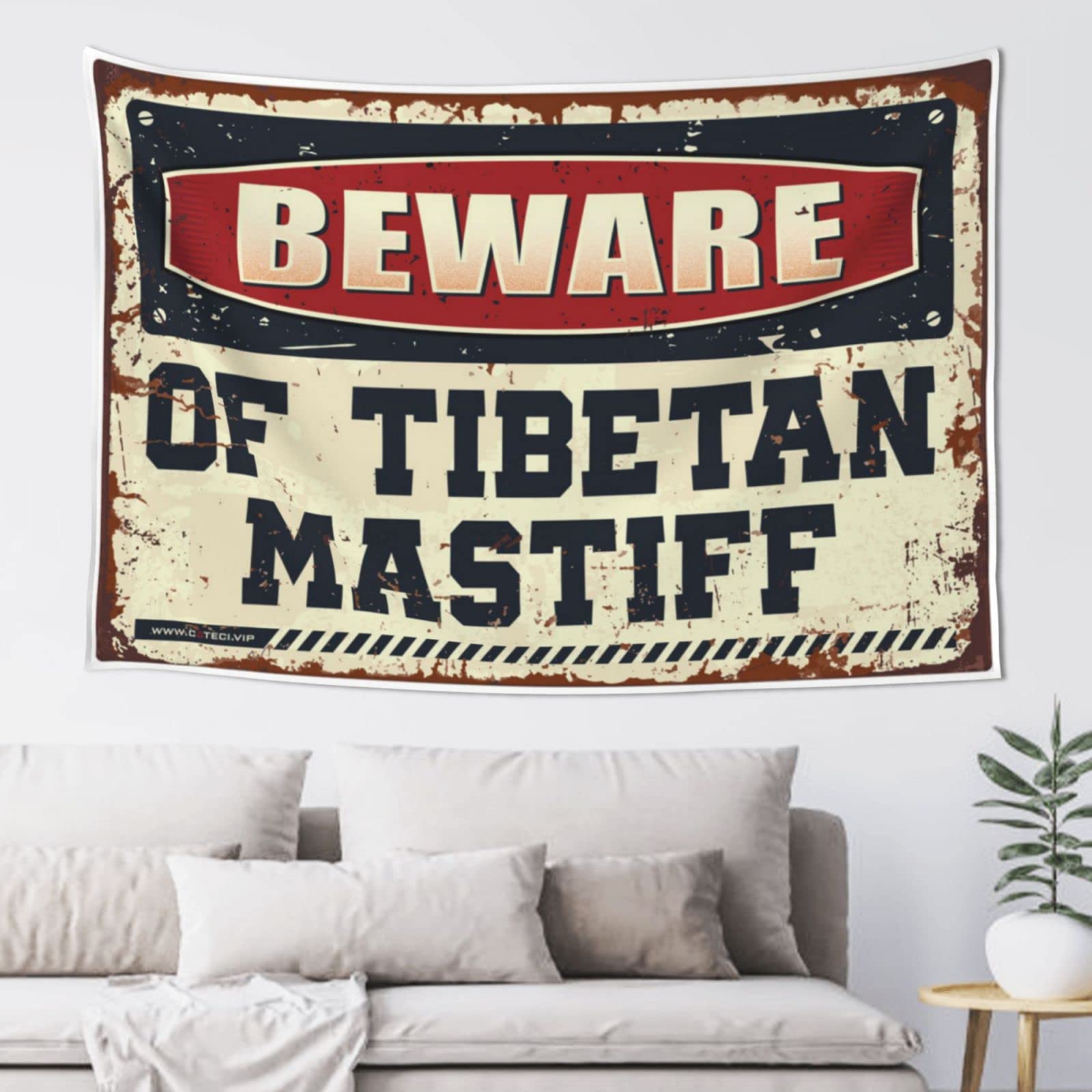 PRAVOXI Man Cabe Decor Beware Of Tibetan Mastiff Tapestry Room Door Decor Backyard Bar Decor(75X100CM)