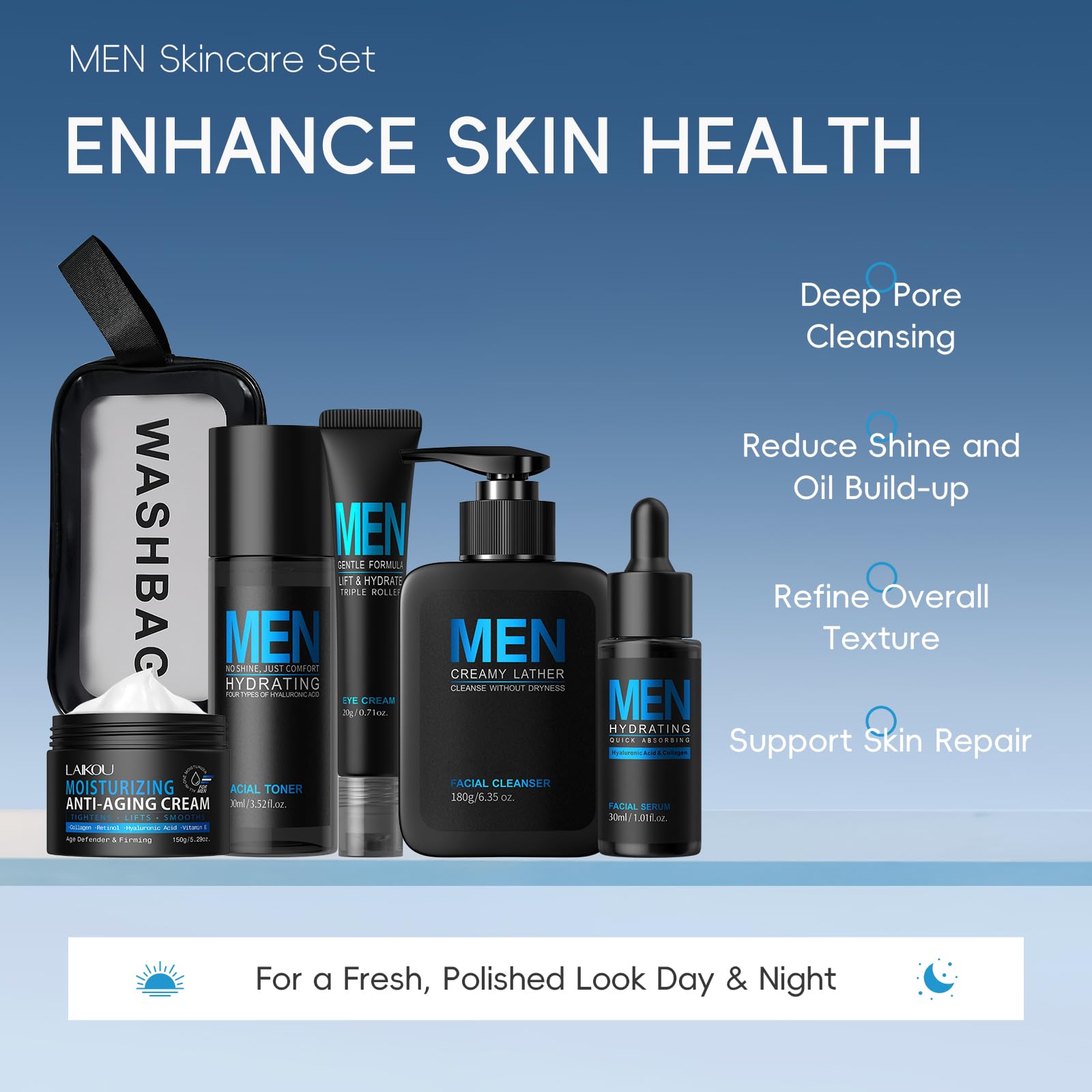Coffret Soin Visage Homme, 5 pièces Skincare Set Men, pour Hydratant Anti-Âge Anti-Brillance, Kit Soin Visage Homme Cadeau avce Nettoyant Lotion Visage Yeux Crème Sac de Rangement
