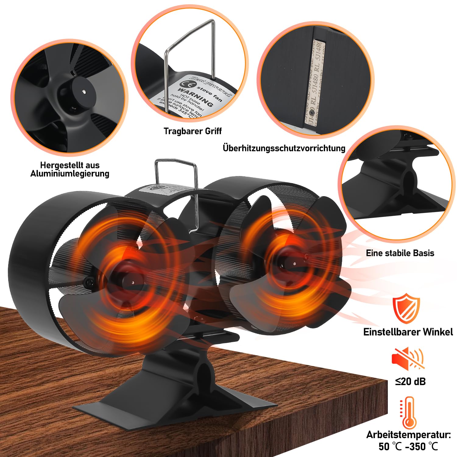 Sonnewelt Ventilatore per camino, ventilatore per stufa, senza corrente, con 8 fogli, ventilatore per camino, ventilatore senza corrente, silenzioso, protezione da surriscaldamento con termometro di