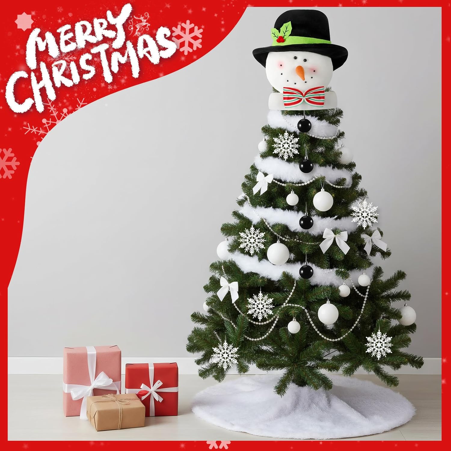 Soulchen 23 Pcs Christmas Snowman Tree Decoration Set, Snowman Treetop with Hat & Bow Christmas Balls Ornaments White Faux Fur Tree Skirt for Holiday Winter Indoor Party Fake Snow Decoration
