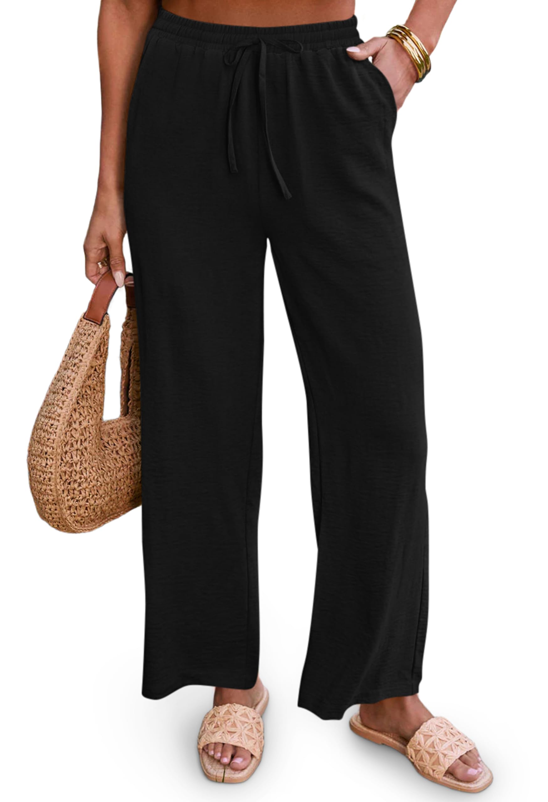 Diosun Womens Casual Palazzo Pants High Waisted Wide Leg Long Lounge Elastic Drawstring Waist Trousers with Pockets