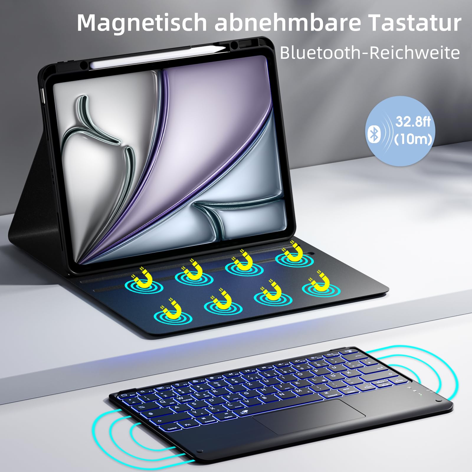 Vobafe Hülle Tastatur für iPad Air 13 Zoll M4 M3 M2 & Pro 12.9" 3/4/5/6 Gen | QWERTZ Keyboard Multi-Touch Trackpad 7 Farben Beleuchtung, Hülle mit Stifthalter für iPad Air 13 (2026/2025/2024), Schwarz