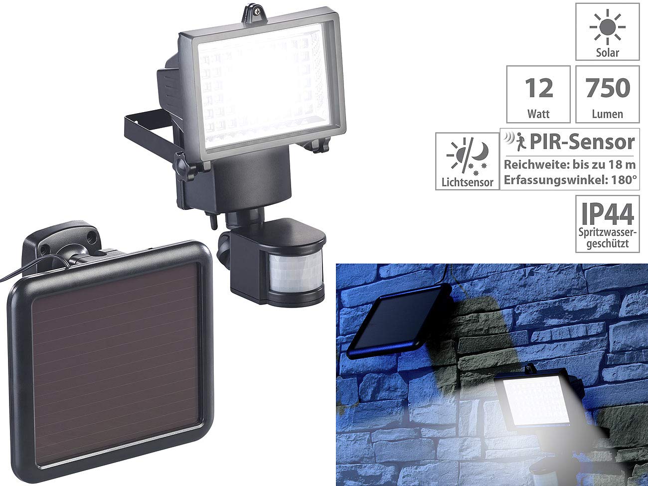 Luminea LED-Solar-Außenstrahler: 2er-Set Solar-LED-Wand-Fluter für außen, mit PIR-Sensor, 12 W (Flutlicht Strahler, Wand Hofscheinwerfer)