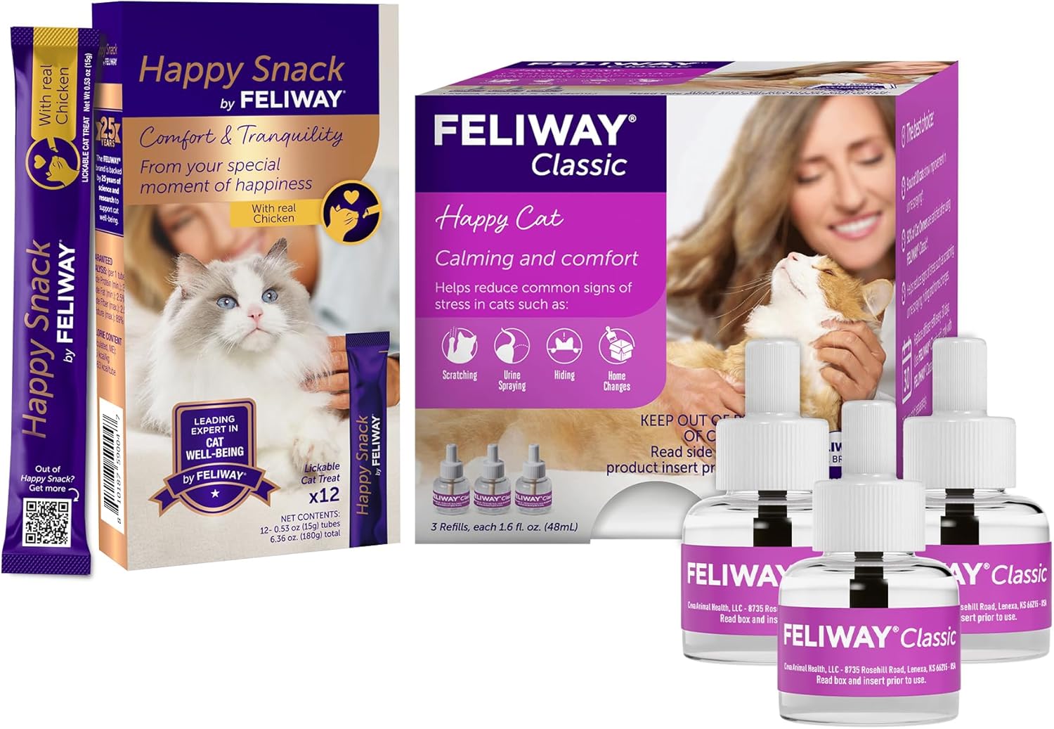 FELIWAY Classic 3 x 30 Day Cat Calming Refills for Pheromone Diffuser & Happy Snack Delicious Calming cat Treats (12-ct Chicken Flavor)