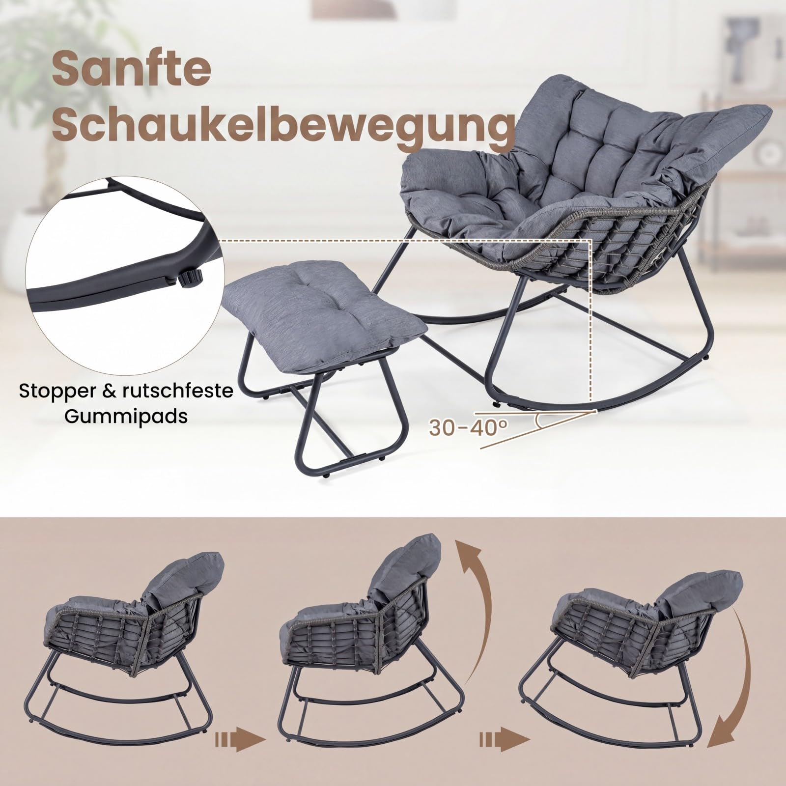 COSTWAY Schaukelstuhl mit Hocker, übergroßer Schaukelsessel mit dickem & abnehmbarem Kissen, Relaxsessel bis 150 kg belastbar, für Balkon, Garten und Wohnzimmer (Grau)