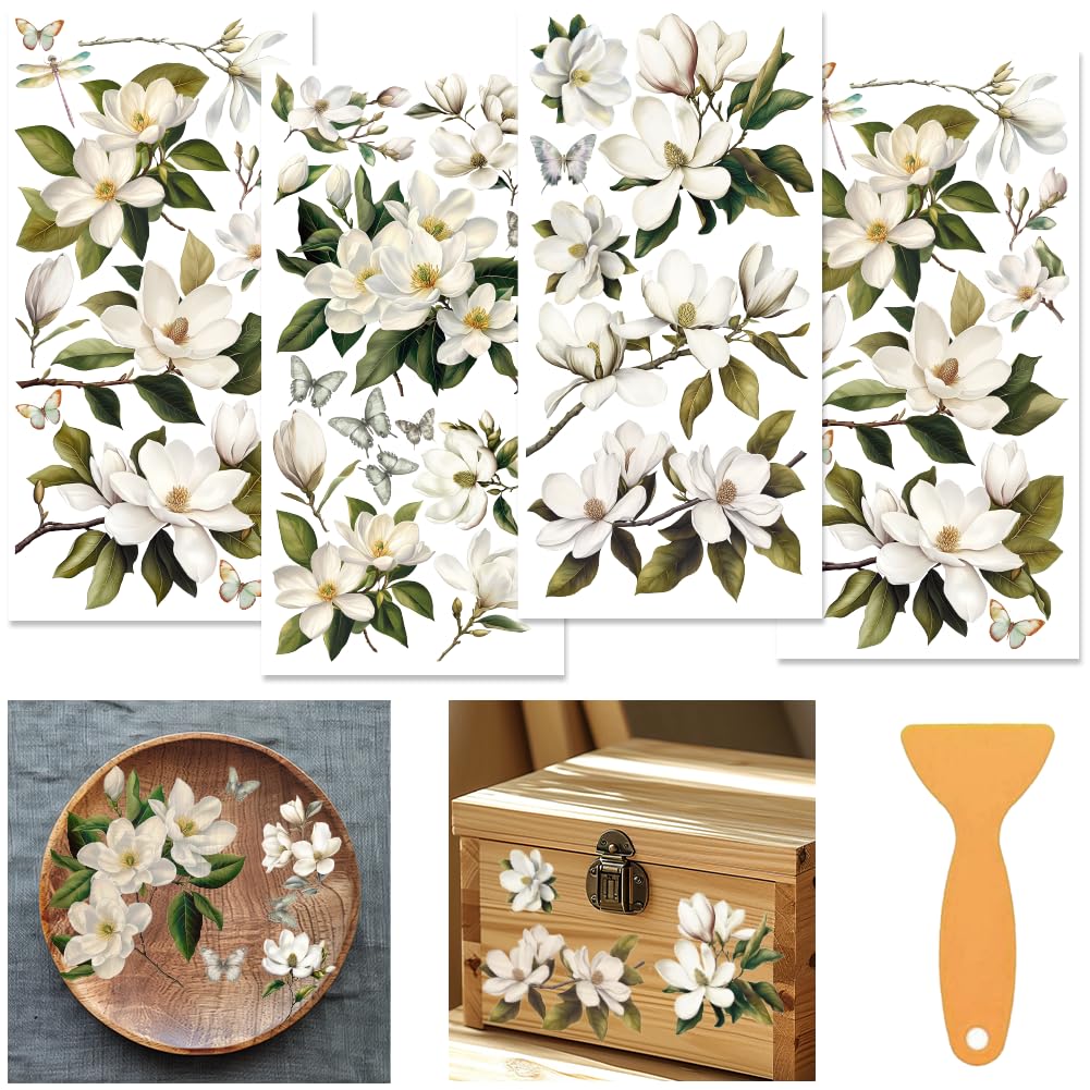 Transfert à frotter magnolia blanc x4 pour relooker meuble en bois 15x30cm