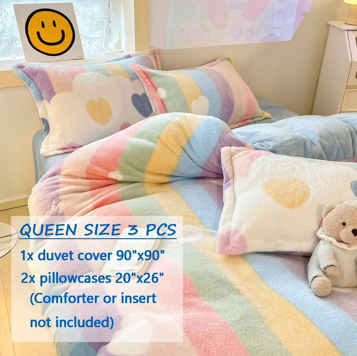 Queen Duvet Cover, Rainbow Pink 3Pcs Full Size Bedding Sets, Aesthetic Comforter Covers, Ultra Fluffy Blanket Soft Cute Kawaii Bed Set for Toddler Teen Kids Girls Women Cottagecore Decor - Image 2