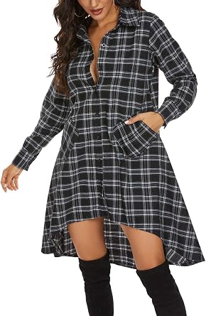 olrain Womens Plaids V Neck Long Sleeve Irregular Hem Casual Shirt Dress