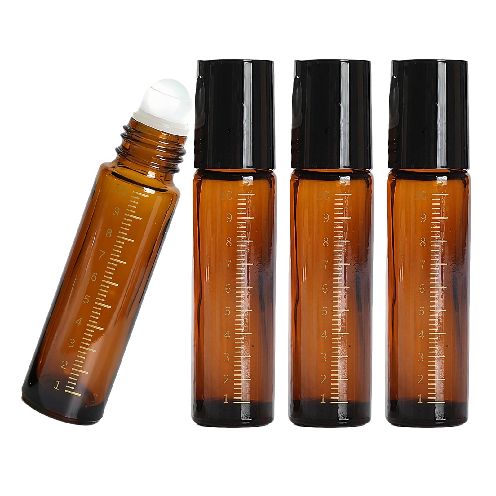 AQUILIVE ロールオンボトル 4個セット 10ml 茶色遮光瓶 ガラス製 目盛り付き アロマ精油 香水 小分け 詰め替え 旅行用 携帯便利 液漏れ防止 アトマイザー 保存容器 精油瓶