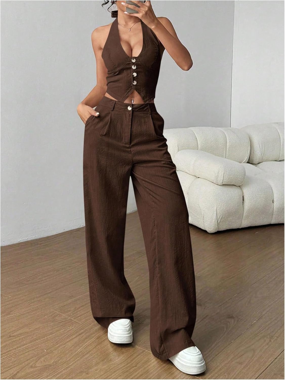 SweatyRocks Women's 2 Piece Outfits Button Front Tie Backless Crop Halter Top and Straight Leg Pants Set