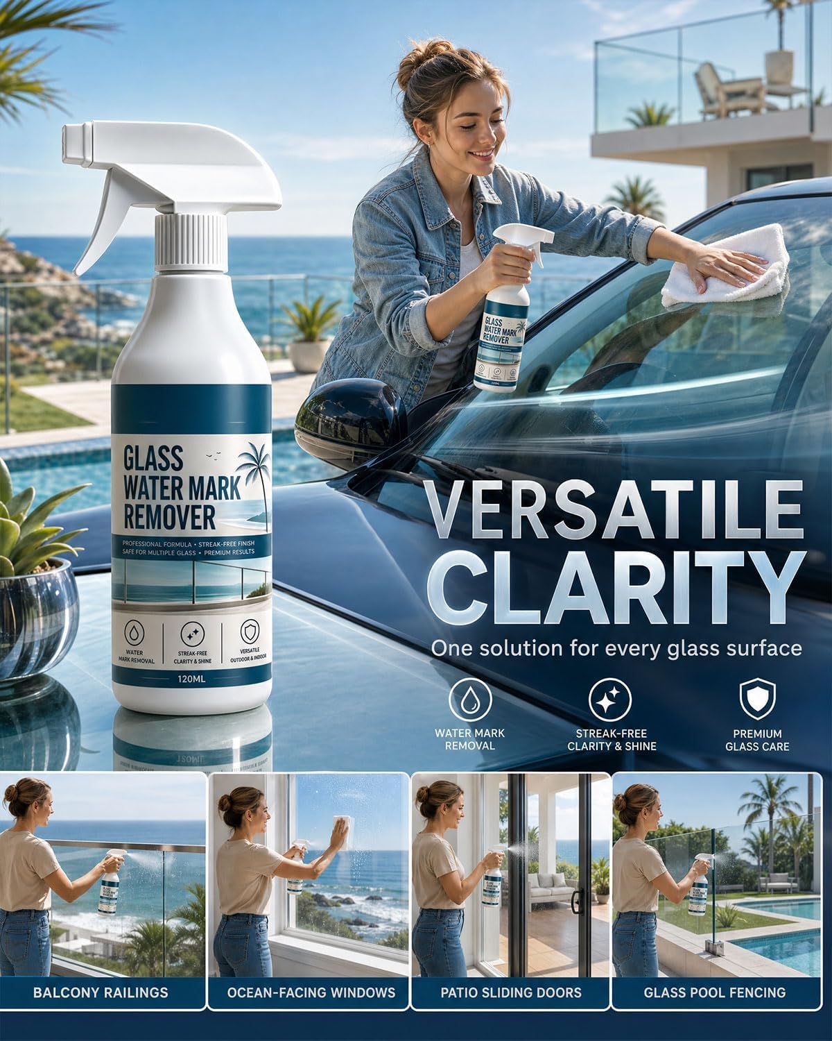 Glass Water Mark Remover Spray, Water Spot & Limescale Cleaner, for Restore Window Clarity，120ml *2
