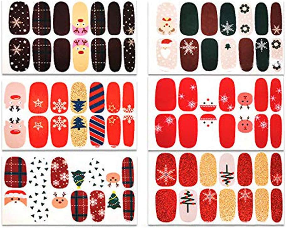 6 Sheets Christmas Manicure Full Nail Wraps Art Polish Stickers Decal Solid Color Strips Adhesive False Nail Design Manicure Set with 1Pc Nail Buffers Files for Women Girls-Christmas Street Style
